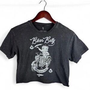 Betty Boop Women's XS Cropped Biker Babe Retro Graphic T-Shirt Top Grunge Acid